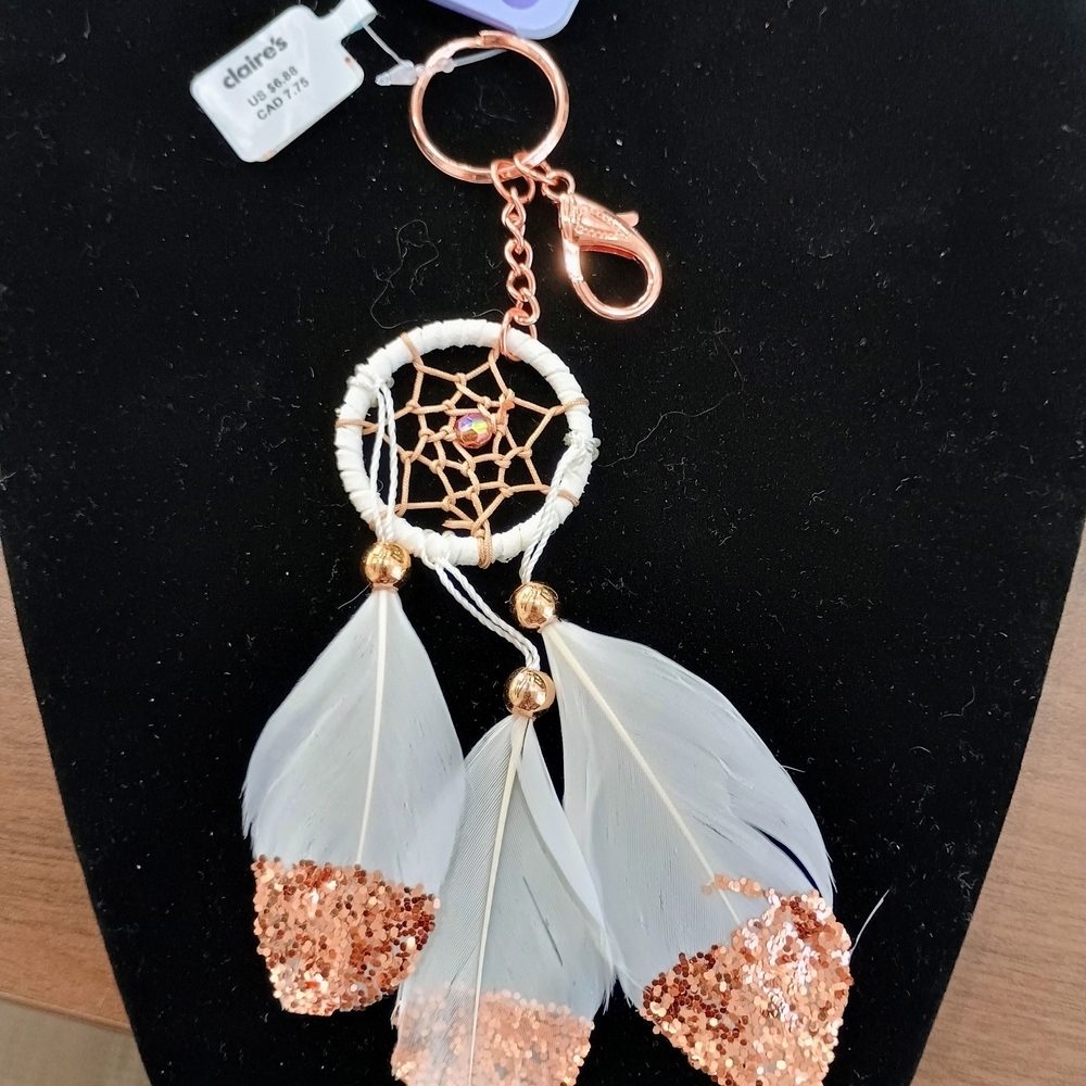 Claire's Rose Gold and White Feather Dreamcatcher Keychain